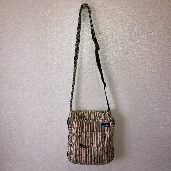 Kavu Pink Gray Striped Crossbody Strap Pockets Casual Canvas Sling Bag Purse - Picture 13 of 16